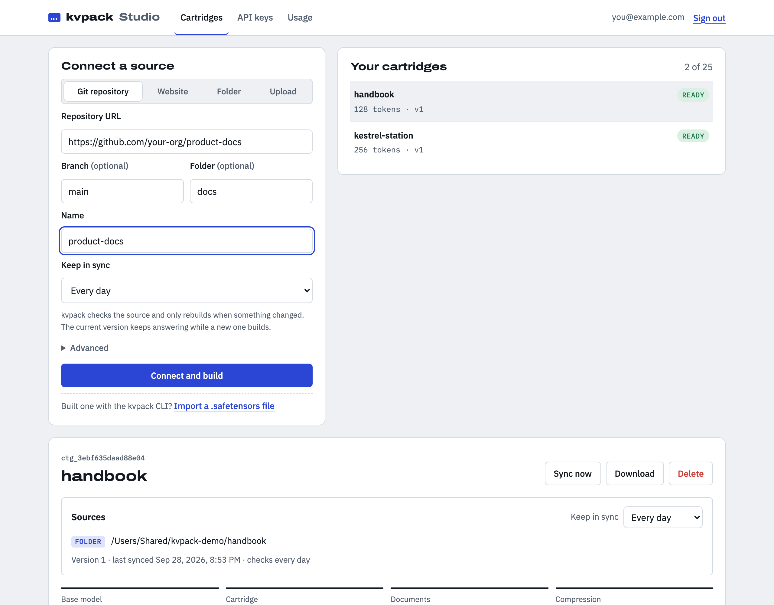 kvpack Studio: connect a Git repository, website, folder or upload, and keep it in sync
